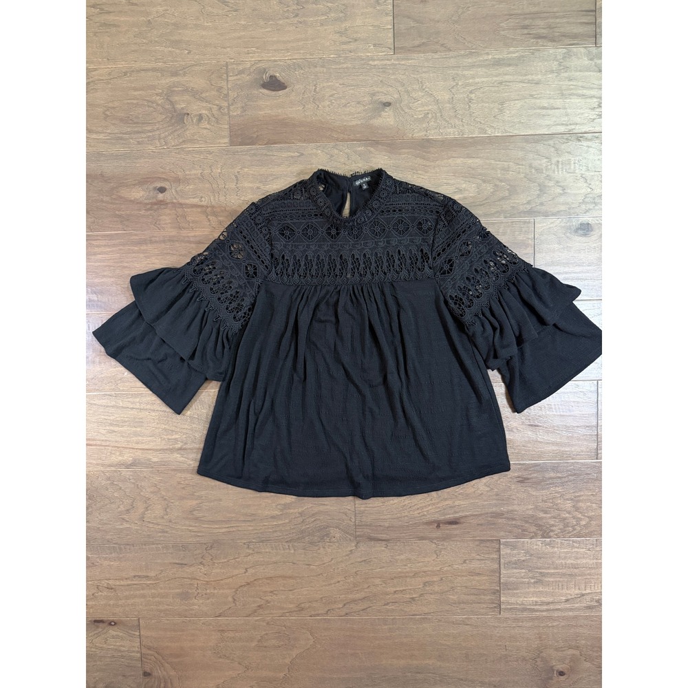Hannah Womens Black Crochet Lace Mock Neck Tiered Ruffle Bell Sleeve Blouse S